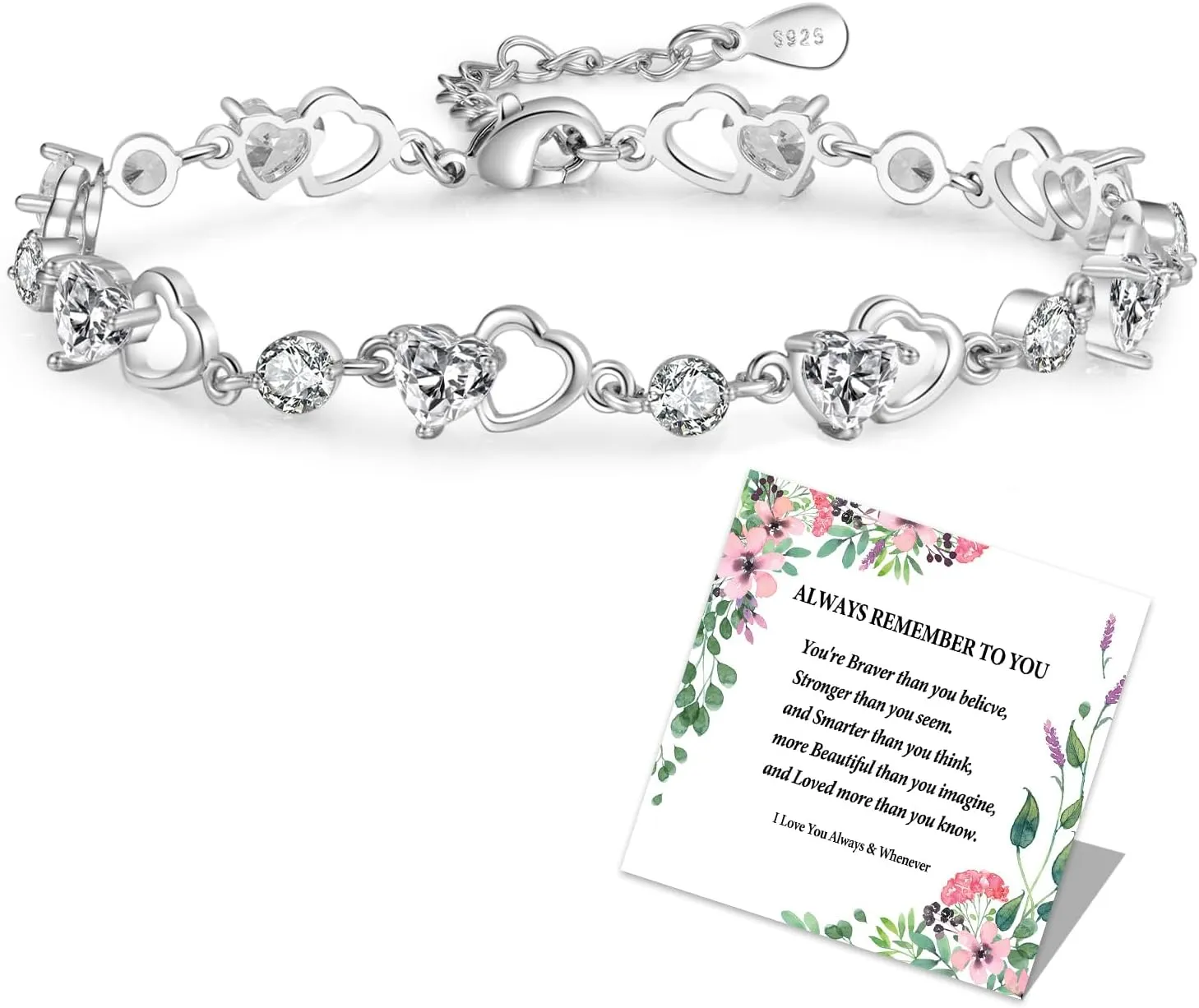 MOROTOLE 925 Sterling Silver Bracelets for Women, Shiny Cubic Zirconia Heart Bracelets with Card Djustable Silver Bracelet for Women Trendy Jewellery Birthday Gift