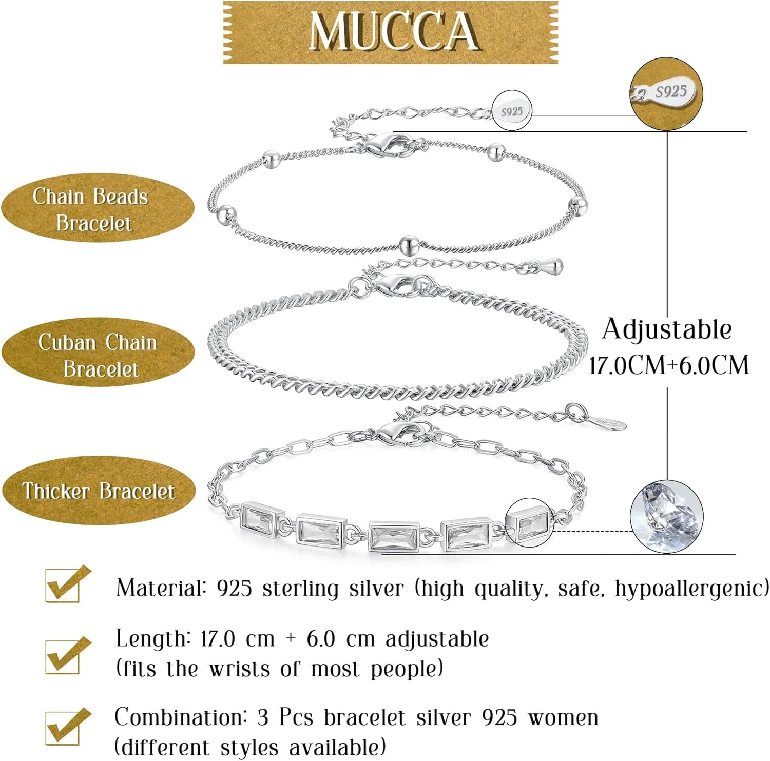 MUCCA Layered Silver Bracelets for Women Adjustable 925 Sterling Silver Chain Bracelets for Women Stackable Lady Trendy Jewelry Sets for Gatherings, Party and Mother's Day