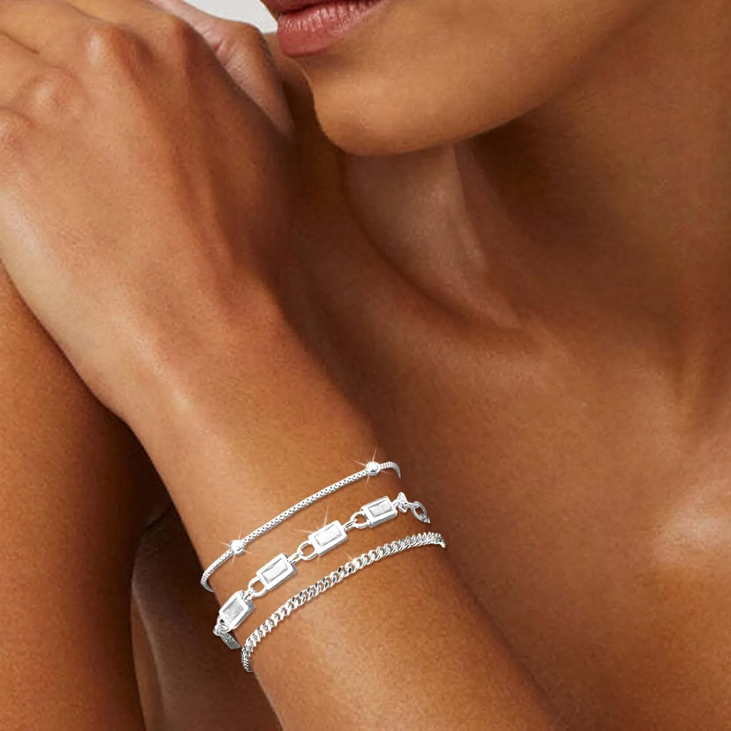 MUCCA Layered Silver Bracelets for Women Adjustable 925 Sterling Silver Chain Bracelets for Women Stackable Lady Trendy Jewelry Sets for Gatherings, Party and Mother's Day
