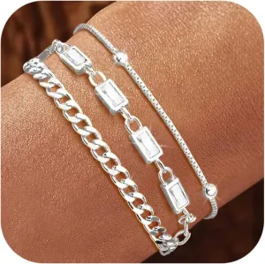 MUCCA Layered Silver Bracelets for Women Adjustable 925 Sterling Silver Chain Bracelets for Women Stackable Lady Trendy Jewelry Sets for Gatherings, Party and Mother's Day