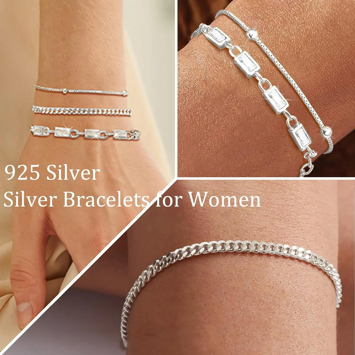 MUCCA Layered Silver Bracelets for Women Adjustable 925 Sterling Silver Chain Bracelets for Women Stackable Lady Trendy Jewelry Sets for Gatherings, Party and Mother's Day