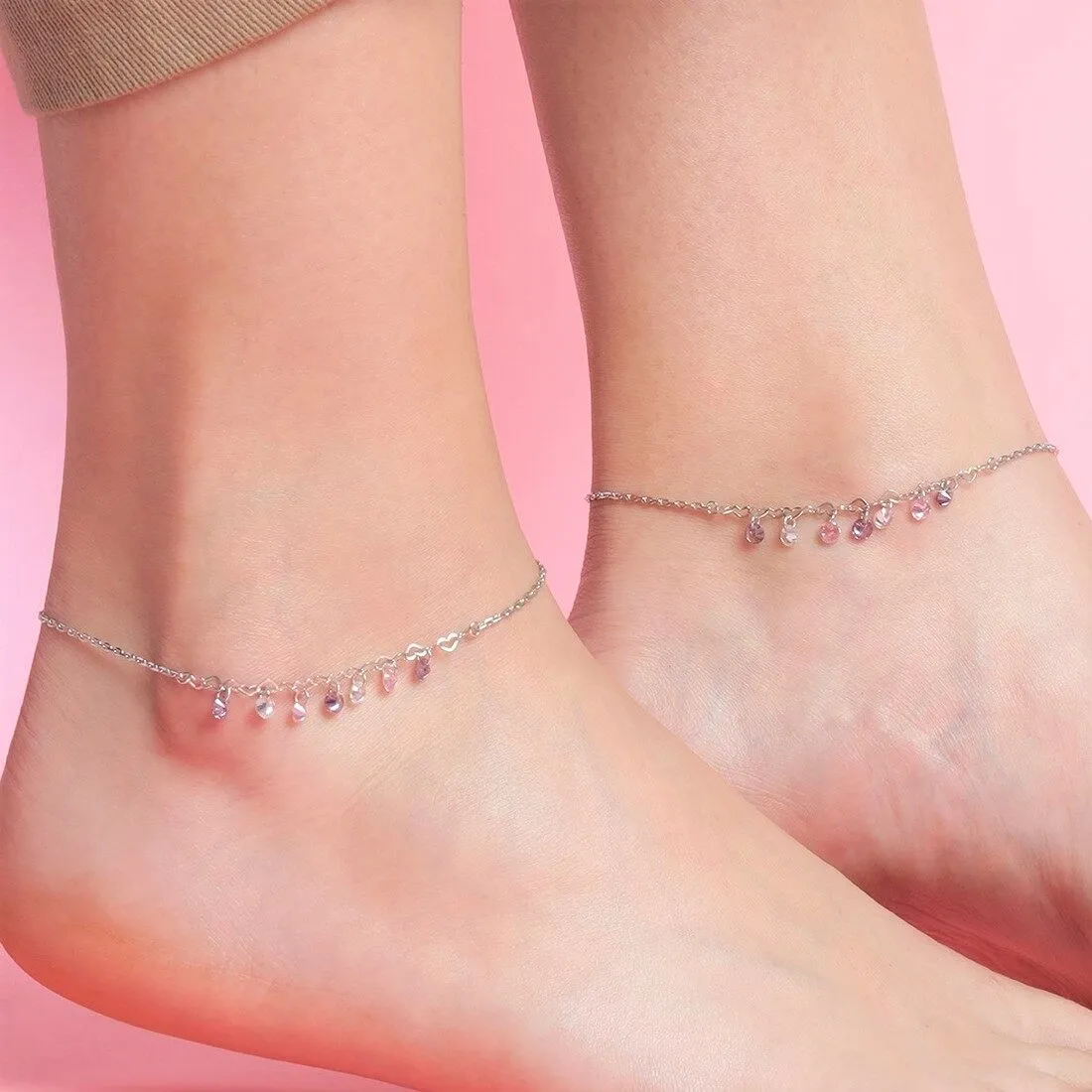 Multi-Color Charm Rhodium Plated 925 Sterling Silver Chained Anklet
