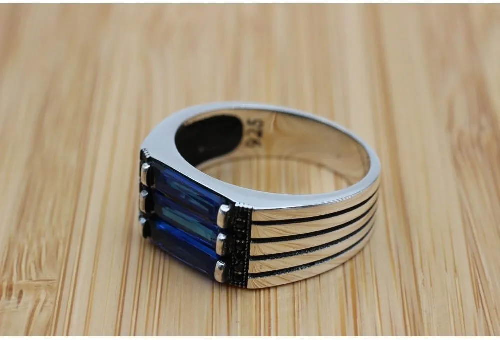 Natural Blue Sapphire Ring 925 Sterling Silver Mens Sapphire Ring Vintage Gemstone Jewelry Gift for Him Signet Rings for Men Wedding Band Mens
