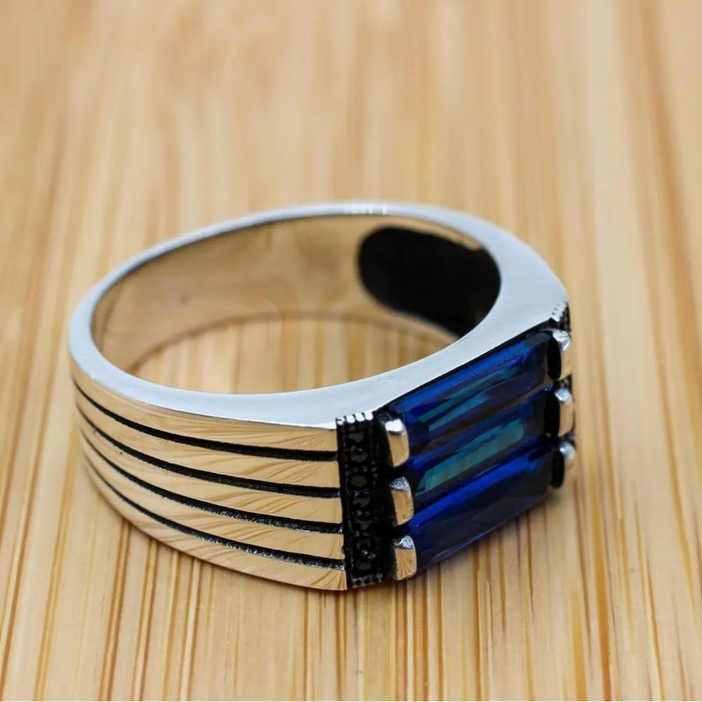Natural Blue Sapphire Ring 925 Sterling Silver Mens Sapphire Ring Vintage Gemstone Jewelry Gift for Him Signet Rings for Men Wedding Band Mens