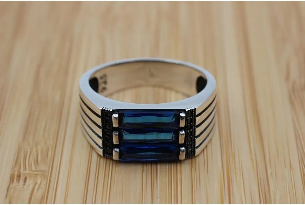 Natural Blue Sapphire Ring 925 Sterling Silver Mens Sapphire Ring Vintage Gemstone Jewelry Gift for Him Signet Rings for Men Wedding Band Mens