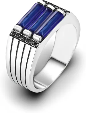 Natural Blue Sapphire Ring 925 Sterling Silver Mens Sapphire Ring Vintage Gemstone Jewelry Gift for Him Signet Rings for Men Wedding Band Mens