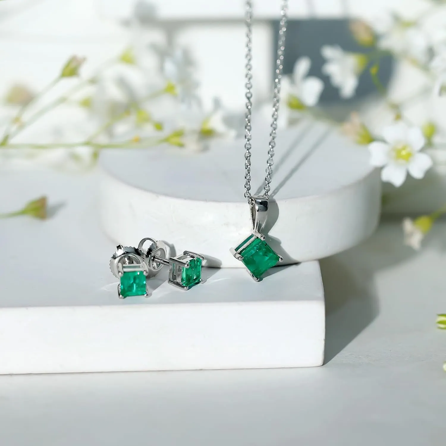 Natural Emerald Necklace and Earring Set, AAA Quality, Princess Cut Emerald Jewelry Set for Women (Ready to Gift)