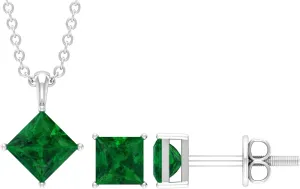 Natural Emerald Necklace and Earring Set, AAA Quality, Princess Cut Emerald Jewelry Set for Women (Ready to Gift)