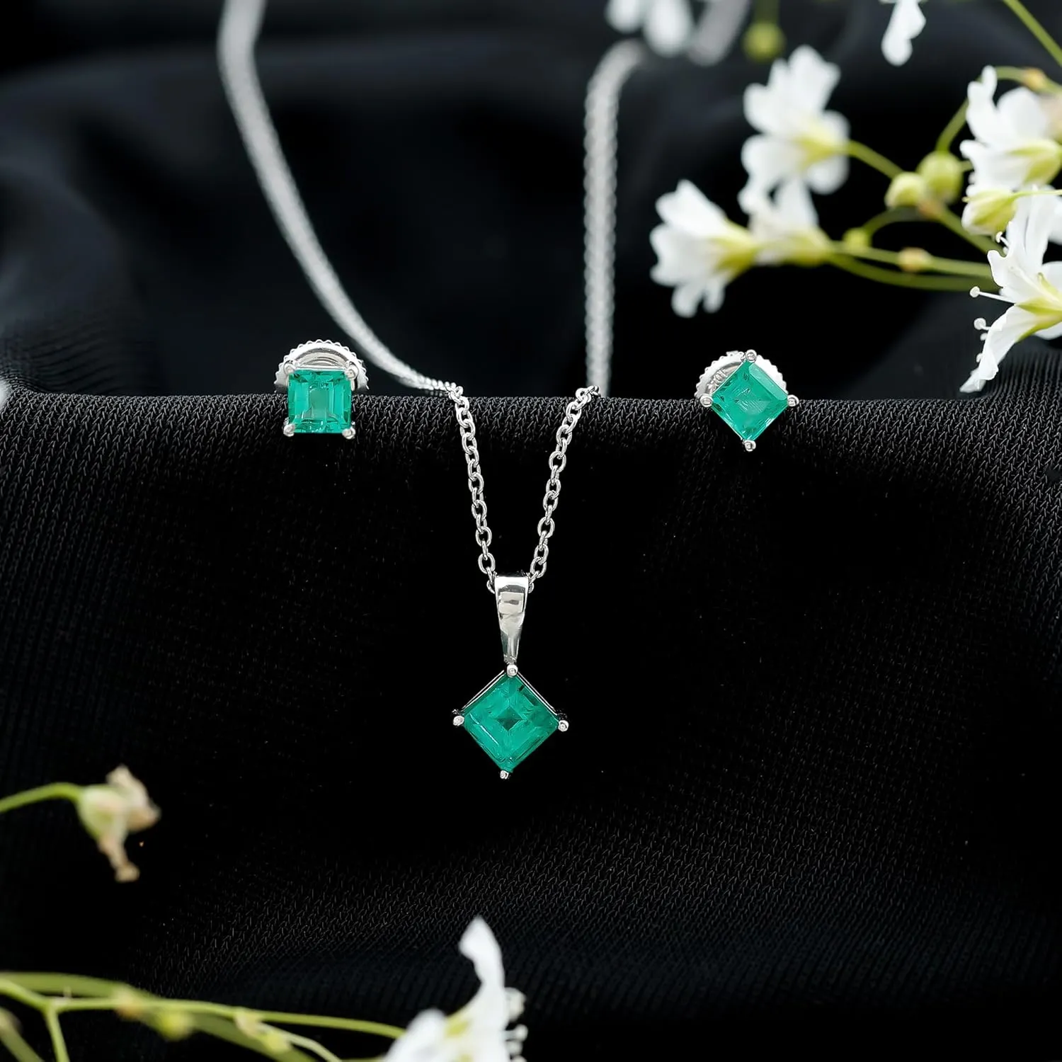Natural Emerald Necklace and Earring Set, AAA Quality, Princess Cut Emerald Jewelry Set for Women (Ready to Gift)