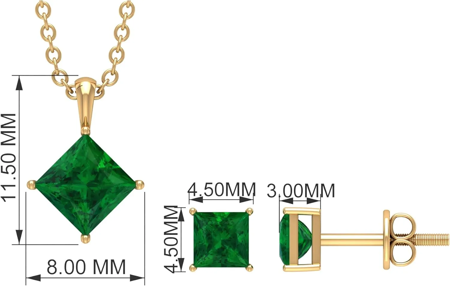 Natural Emerald Necklace and Earring Set, AAA Quality, Princess Cut Emerald Jewelry Set for Women (Ready to Gift)