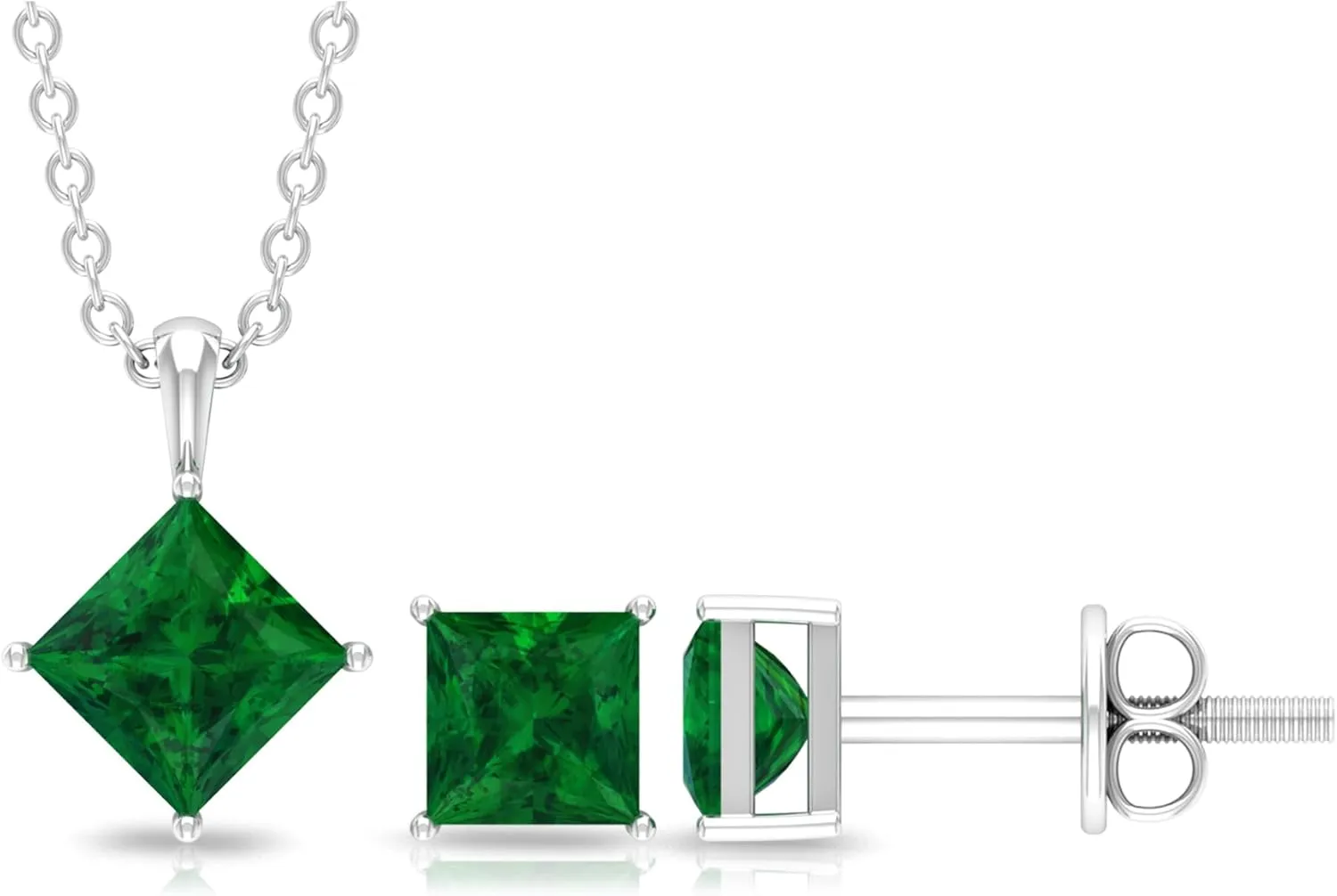 Natural Emerald Necklace and Earring Set, AAA Quality, Princess Cut Emerald Jewelry Set for Women (Ready to Gift)