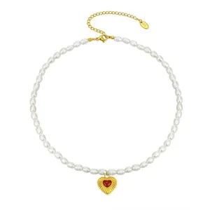 Natural Freshwater Pearl Necklace Big White Beads Choker Crystal Heart Pendant Jewelry