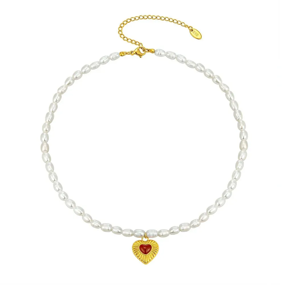 Natural Freshwater Pearl Necklace Big White Beads Choker Crystal Heart Pendant Jewelry