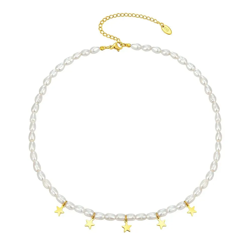 Natural Freshwater Pearl Necklace Big White Beads Choker Crystal Heart Pendant Jewelry