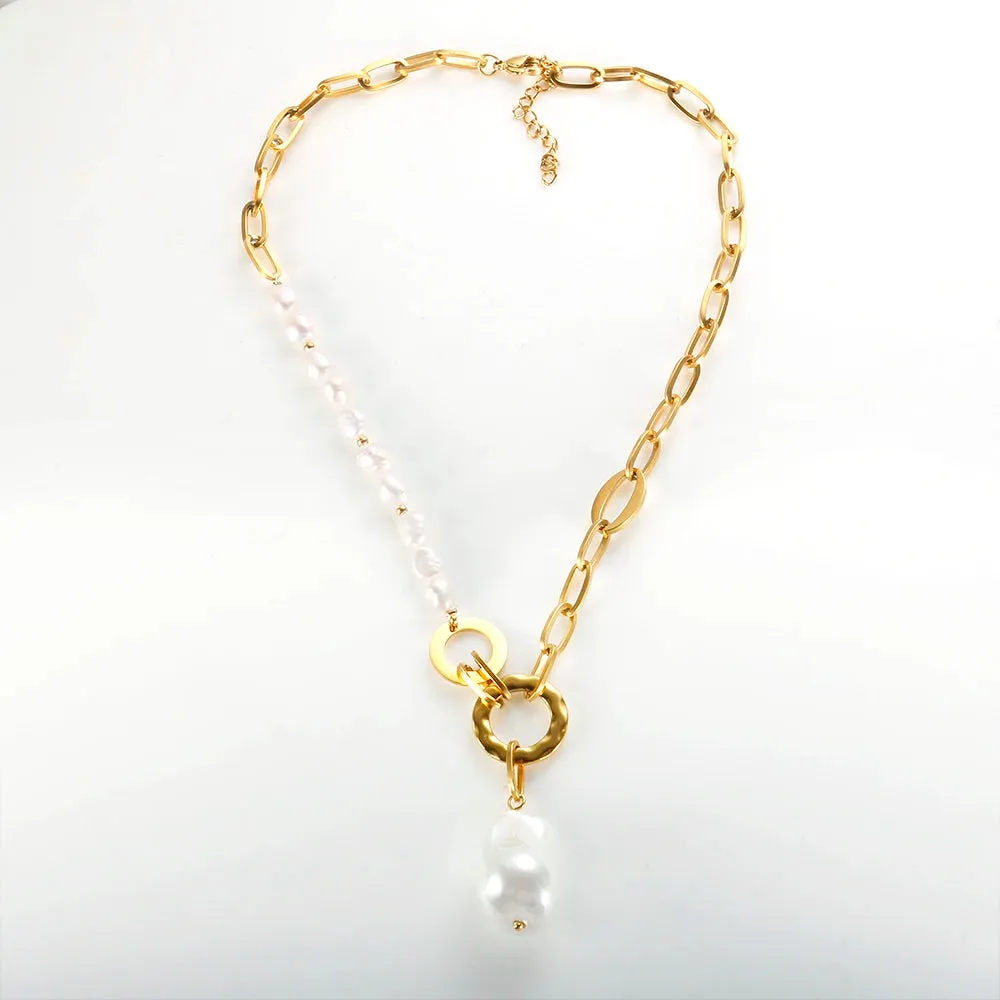 Natural Freshwater Pearl Necklace Big White Beads Choker Crystal Heart Pendant Jewelry