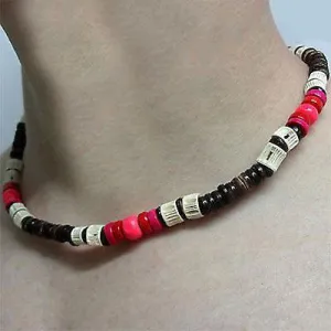Neon Pink Wood Beads Elastic Stretch Necklace Chain Choker Ladies Womens Girls
