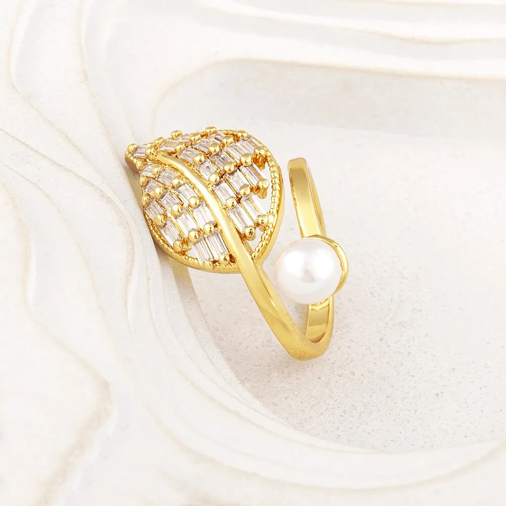New Elegant Crystal Pearl Open Ring Leaf Shape Women