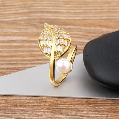 New Elegant Crystal Pearl Open Ring Leaf Shape Women