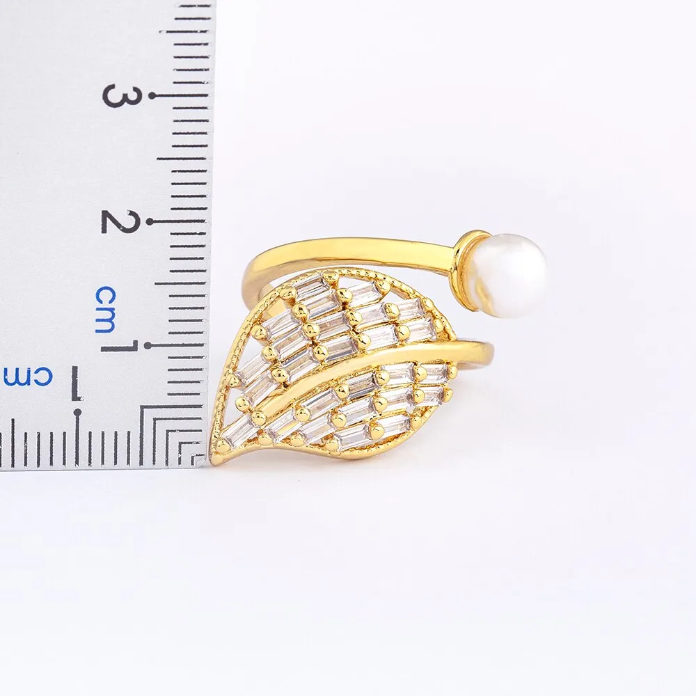 New Elegant Crystal Pearl Open Ring Leaf Shape Women
