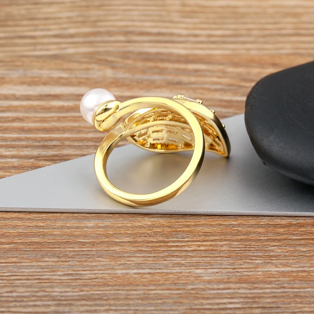 New Elegant Crystal Pearl Open Ring Leaf Shape Women