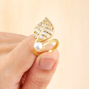 New Elegant Crystal Pearl Open Ring Leaf Shape Women