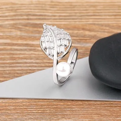New Elegant Crystal Pearl Open Ring Leaf Shape Women