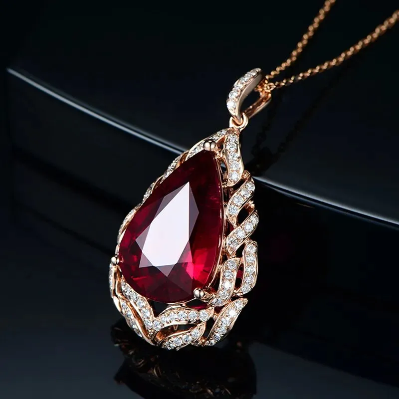 New Fashion Rose Gold Color Elegant Romantic Artificial Ruby Red Tourmaline Pendant Necklaces