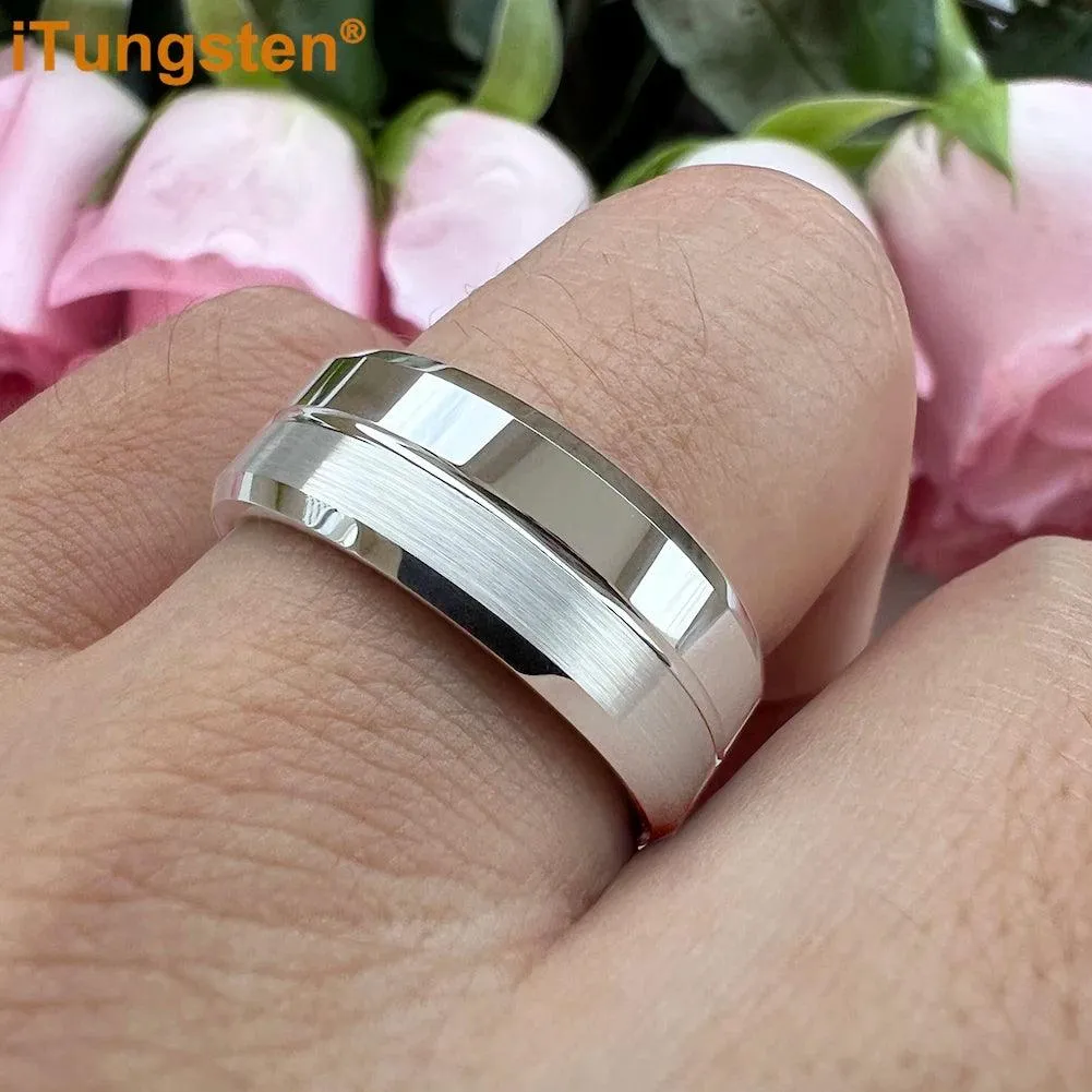 Nice Grooved Beveled Polished Brushed Finish Tungsten Carbide Comfort Fit Rings. Classic Men and Women Wedding Rings