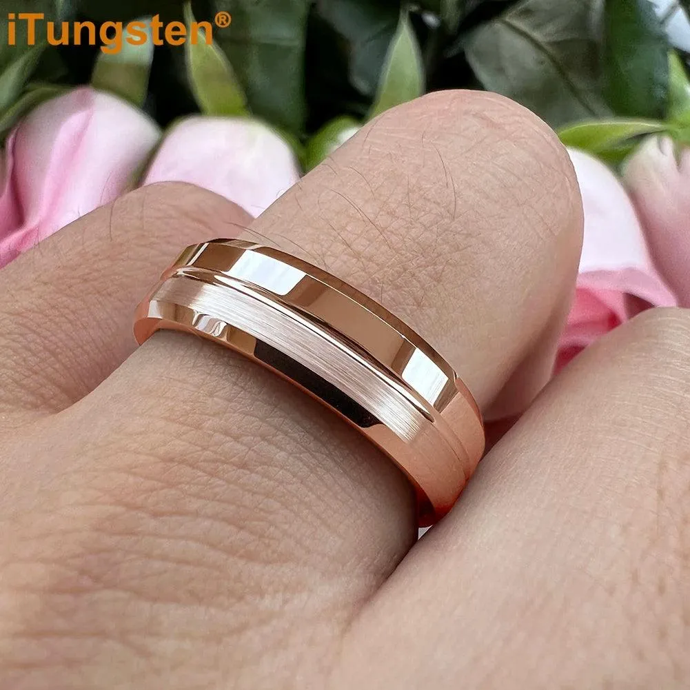 Nice Grooved Beveled Polished Brushed Finish Tungsten Carbide Comfort Fit Rings. Classic Men and Women Wedding Rings