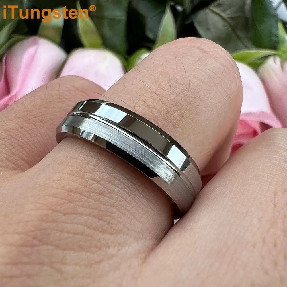 Nice Grooved Beveled Polished Brushed Finish Tungsten Carbide Comfort Fit Rings. Classic Men and Women Wedding Rings