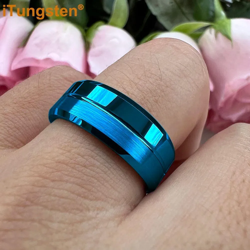 Nice Grooved Beveled Polished Brushed Finish Tungsten Carbide Comfort Fit Rings. Classic Men and Women Wedding Rings