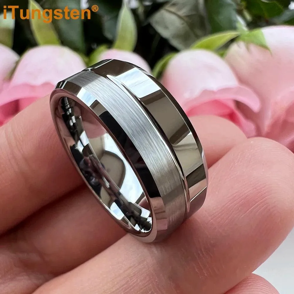 Nice Grooved Beveled Polished Brushed Finish Tungsten Carbide Comfort Fit Rings. Classic Men and Women Wedding Rings
