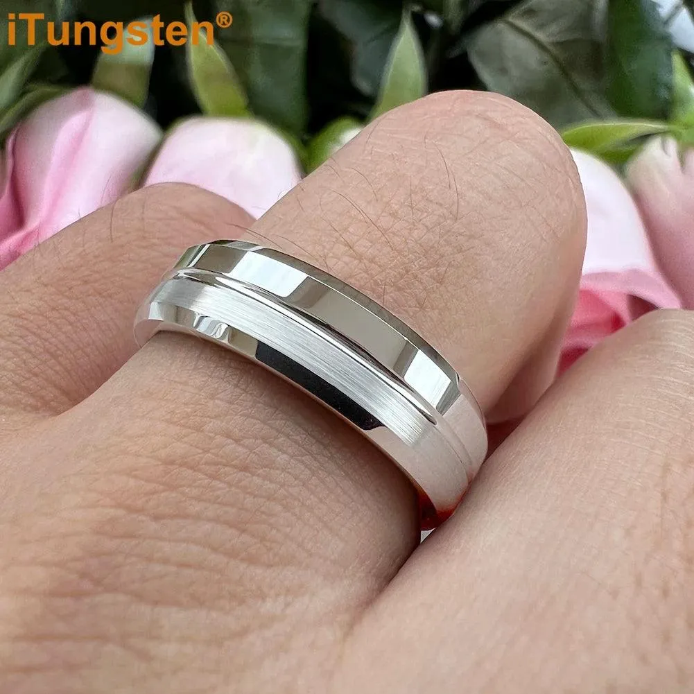Nice Grooved Beveled Polished Brushed Finish Tungsten Carbide Comfort Fit Rings. Classic Men and Women Wedding Rings