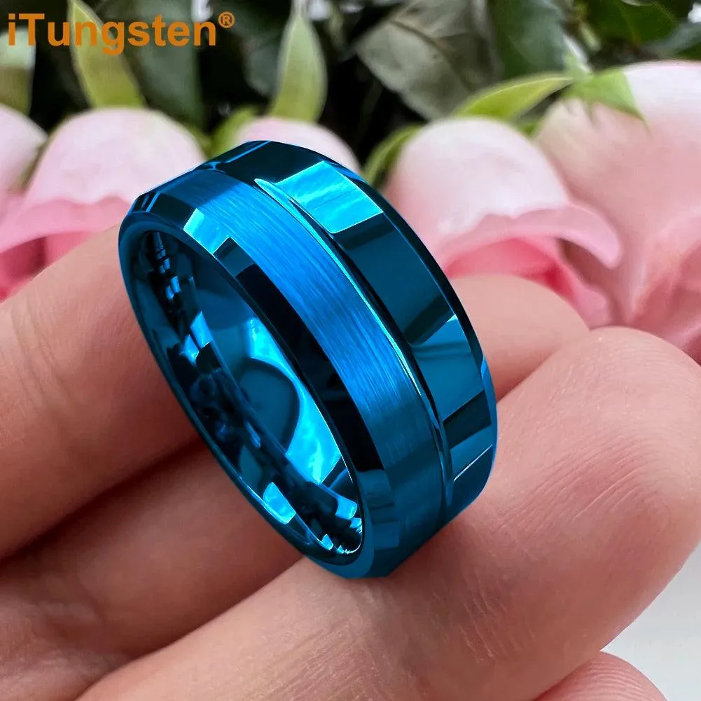 Nice Grooved Beveled Polished Brushed Finish Tungsten Carbide Comfort Fit Rings. Classic Men and Women Wedding Rings