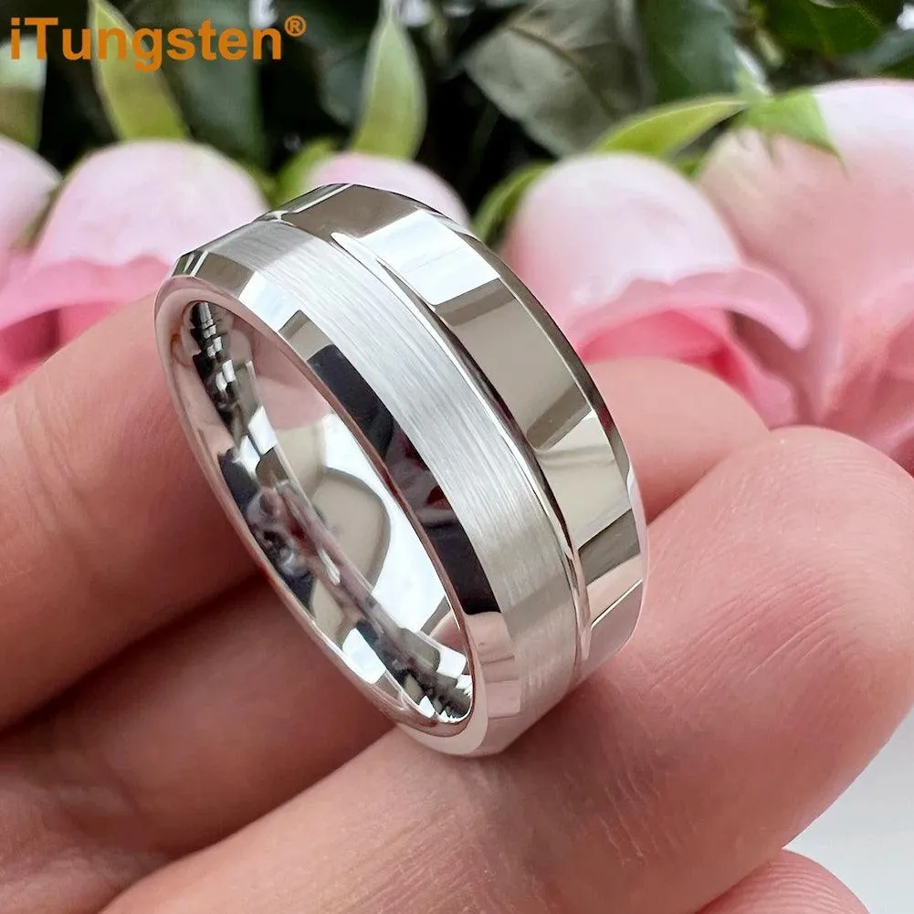 Nice Grooved Beveled Polished Brushed Finish Tungsten Carbide Comfort Fit Rings. Classic Men and Women Wedding Rings