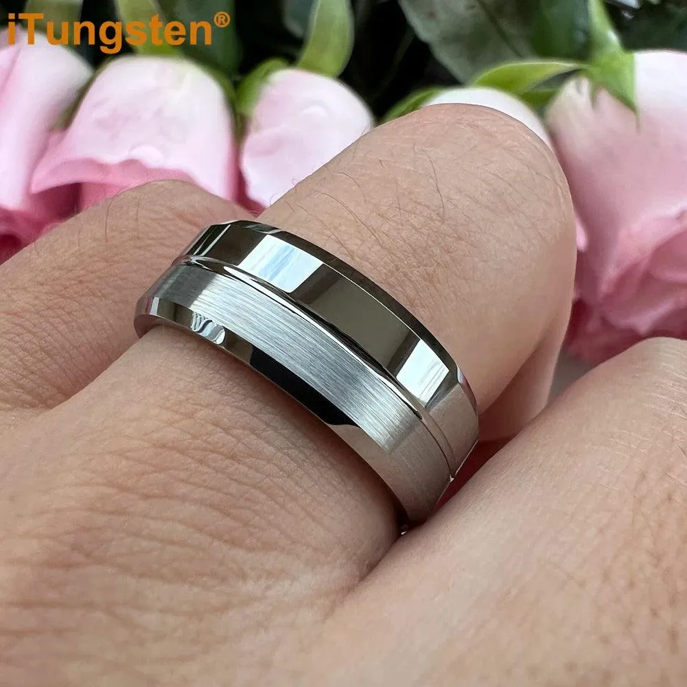 Nice Grooved Beveled Polished Brushed Finish Tungsten Carbide Comfort Fit Rings. Classic Men and Women Wedding Rings