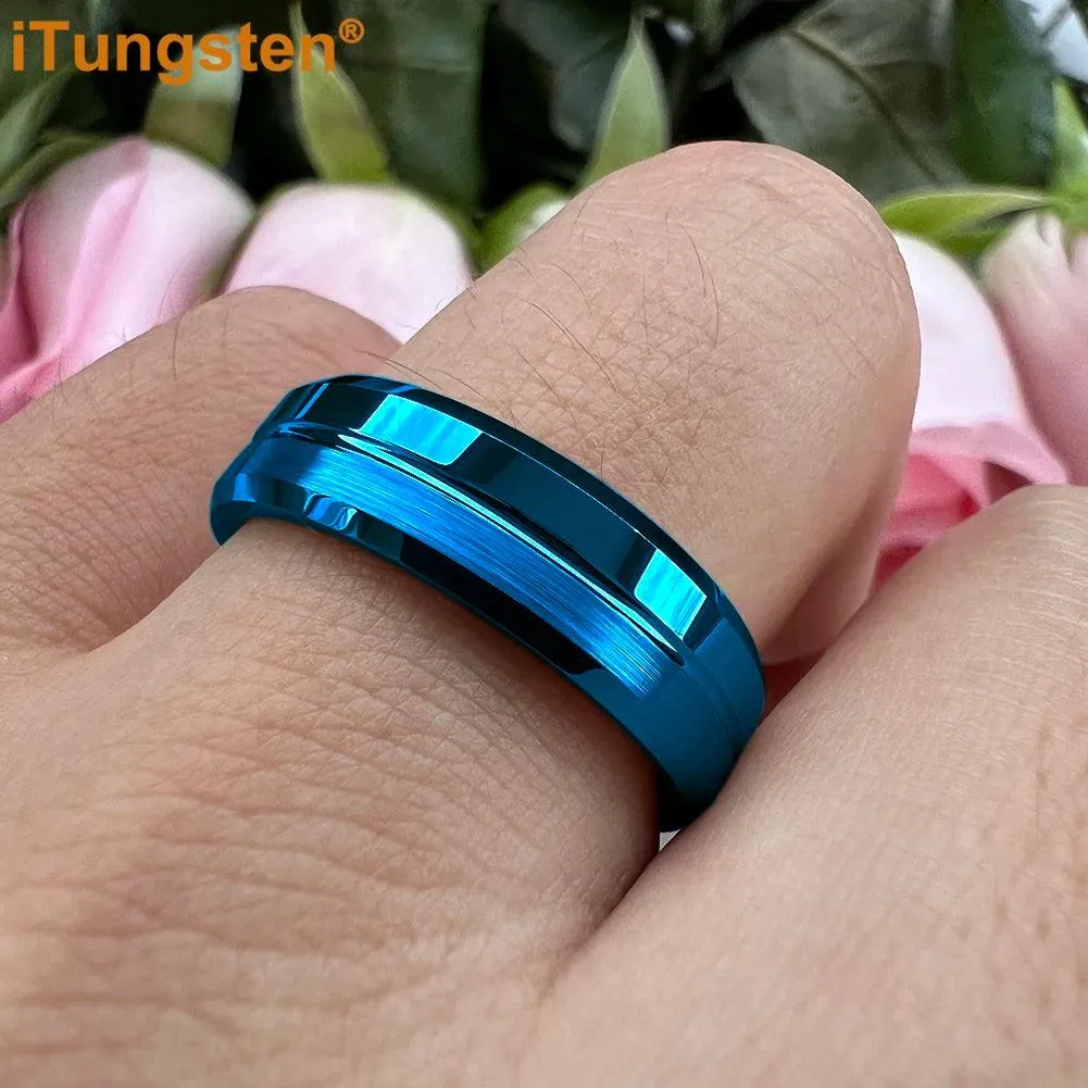 Nice Grooved Beveled Polished Brushed Finish Tungsten Carbide Comfort Fit Rings. Classic Men and Women Wedding Rings