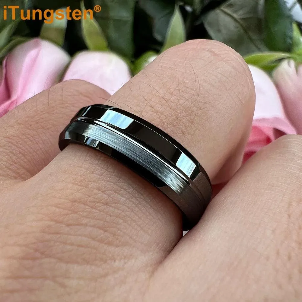 Nice Grooved Beveled Polished Brushed Finish Tungsten Carbide Comfort Fit Rings. Classic Men and Women Wedding Rings