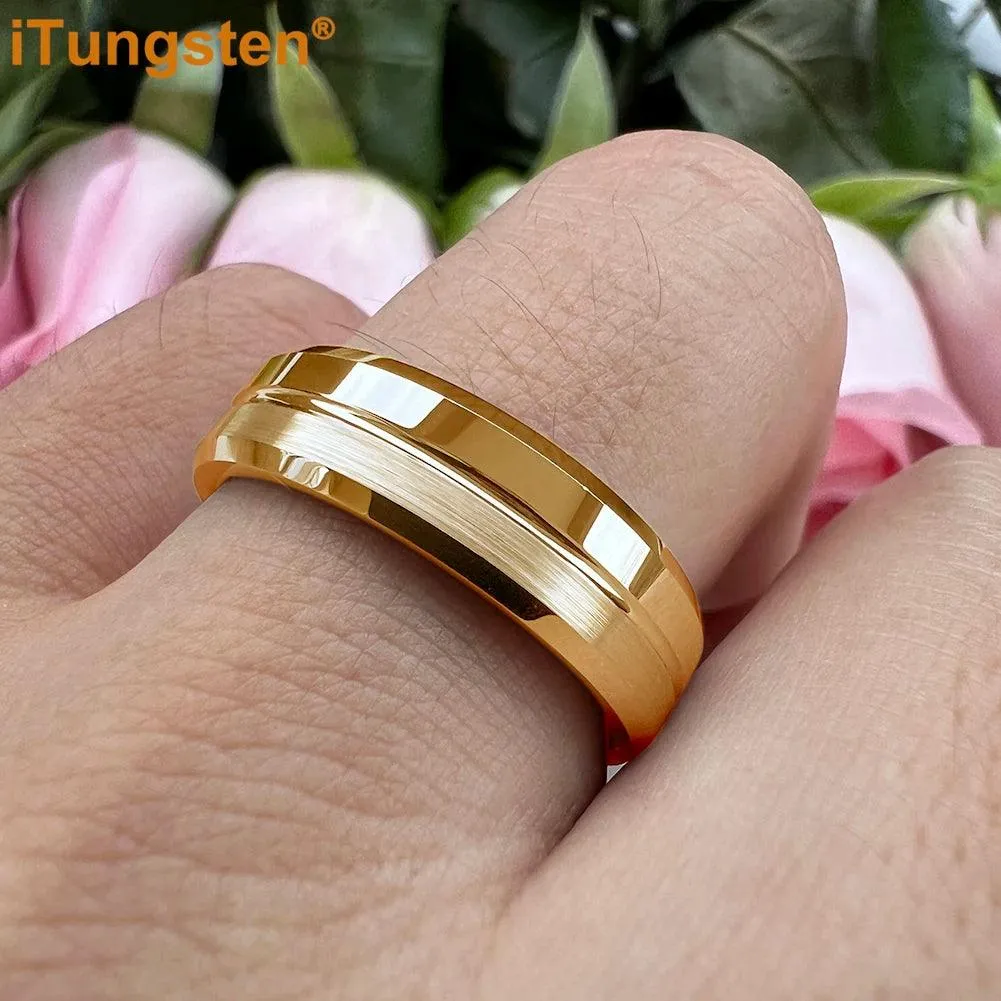Nice Grooved Beveled Polished Brushed Finish Tungsten Carbide Comfort Fit Rings. Classic Men and Women Wedding Rings