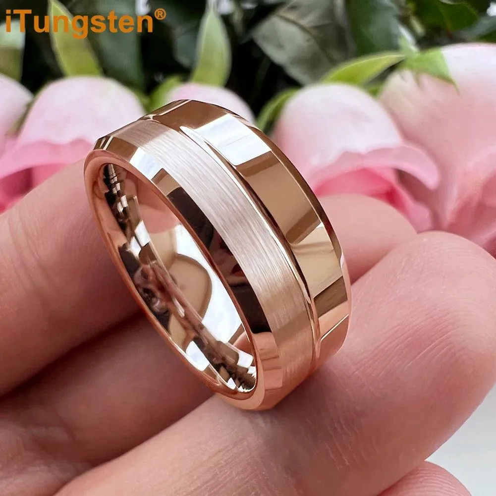 Nice Grooved Beveled Polished Brushed Finish Tungsten Carbide Comfort Fit Rings. Classic Men and Women Wedding Rings