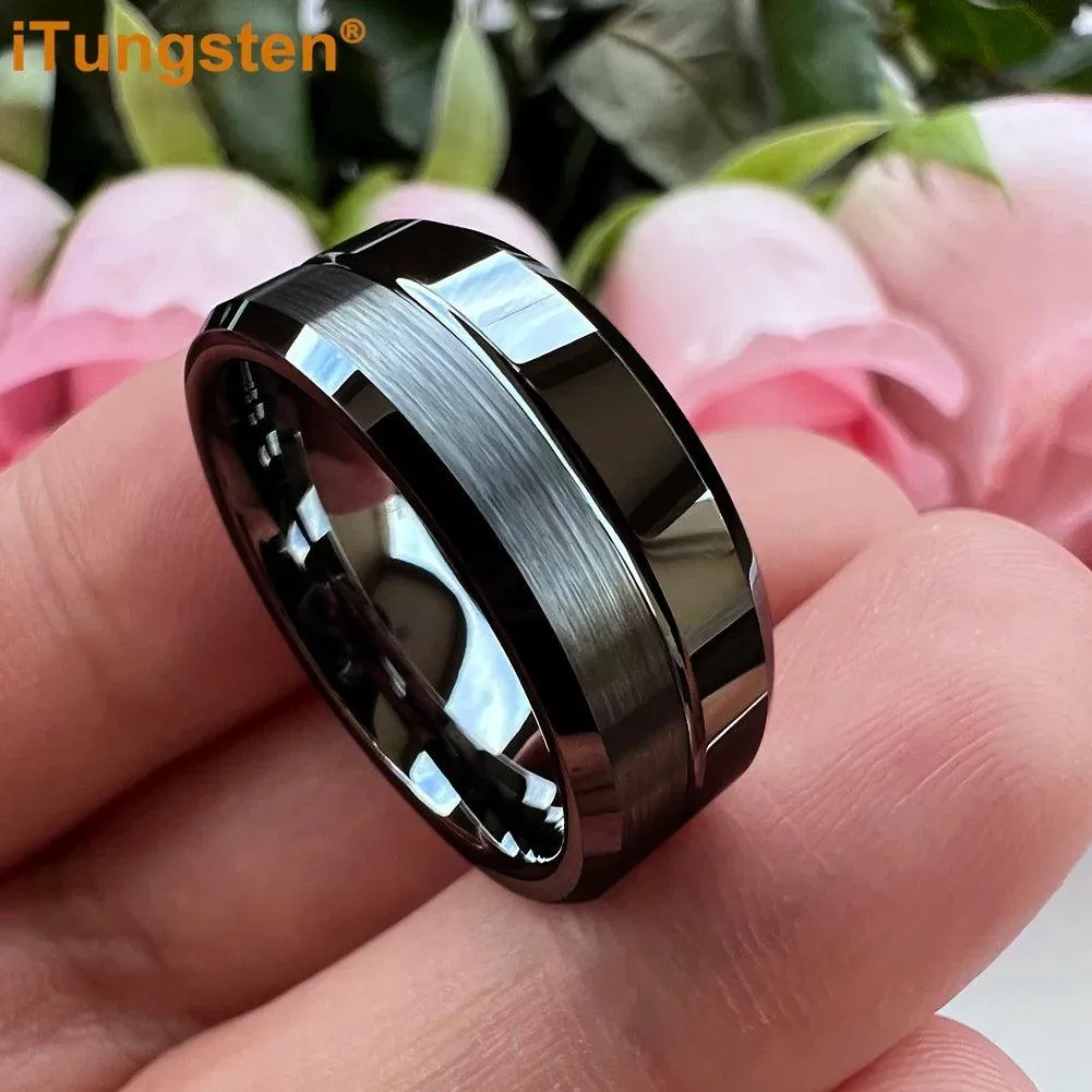 Nice Grooved Beveled Polished Brushed Finish Tungsten Carbide Comfort Fit Rings. Classic Men and Women Wedding Rings