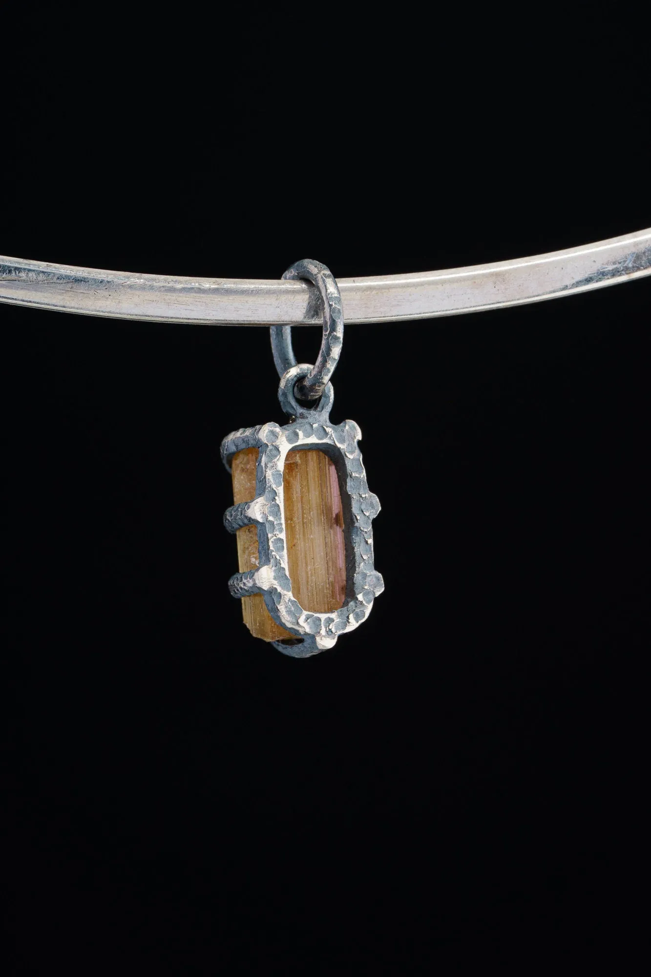 Olive Green Gem Tourmaline - Oxidised Sterling Silver - Strong Claw Wire Setting  - Hammer Textured - Pendant Crystal Necklace