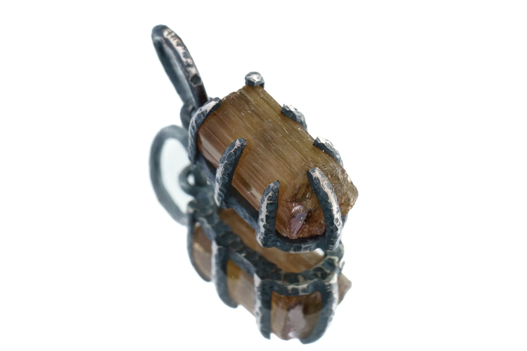 Olive Green Gem Tourmaline - Oxidised Sterling Silver - Strong Claw Wire Setting  - Hammer Textured - Pendant Crystal Necklace