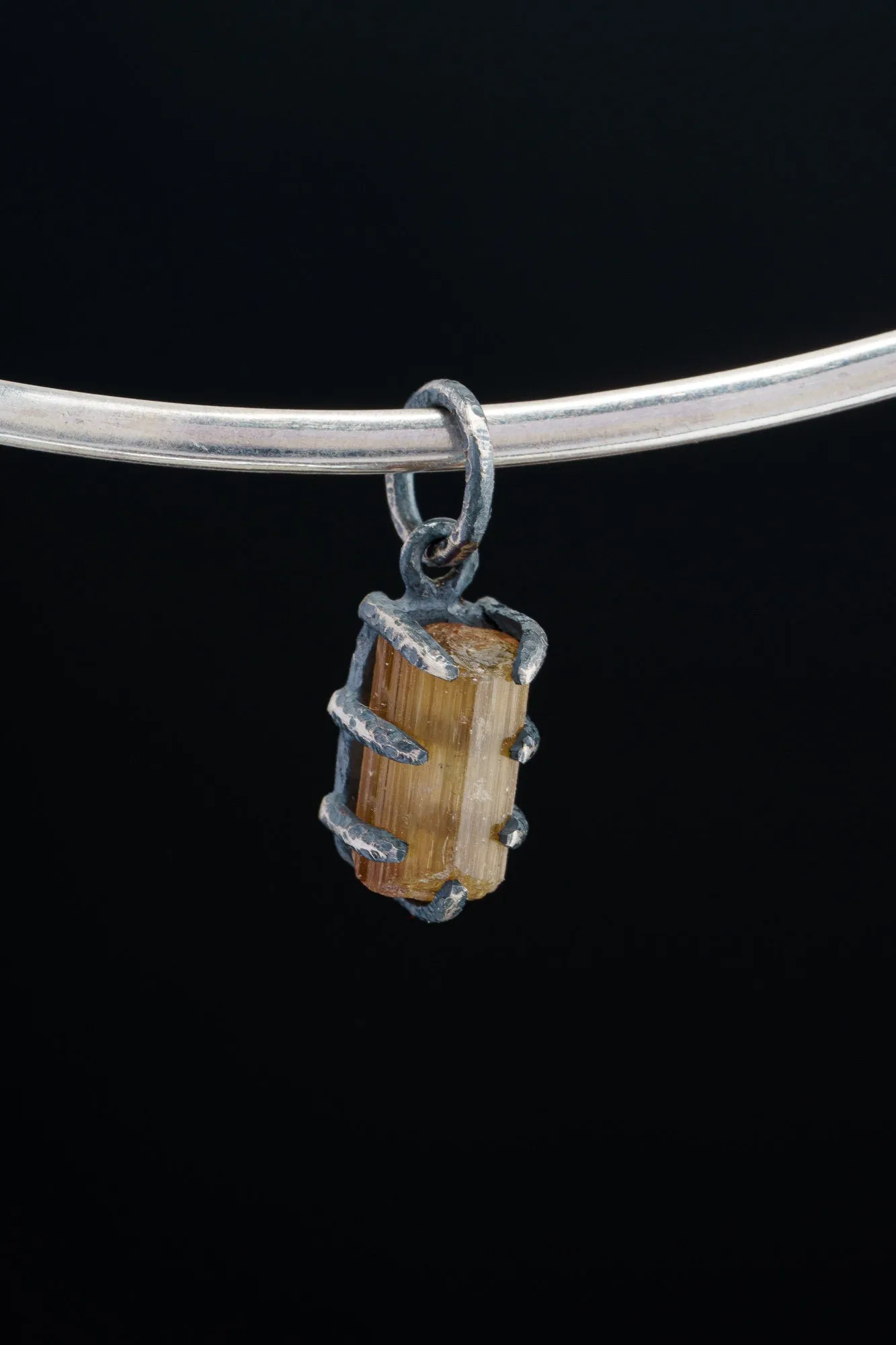 Olive Green Gem Tourmaline - Oxidised Sterling Silver - Strong Claw Wire Setting  - Hammer Textured - Pendant Crystal Necklace