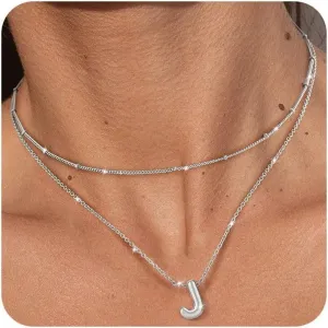 OOOPEL Bubble Initial Necklaces for Women Layered A-Z Alphabet Pendant Necklace 14K Gold Plated Balloon Letter Necklace Dainty Jewelry Gift