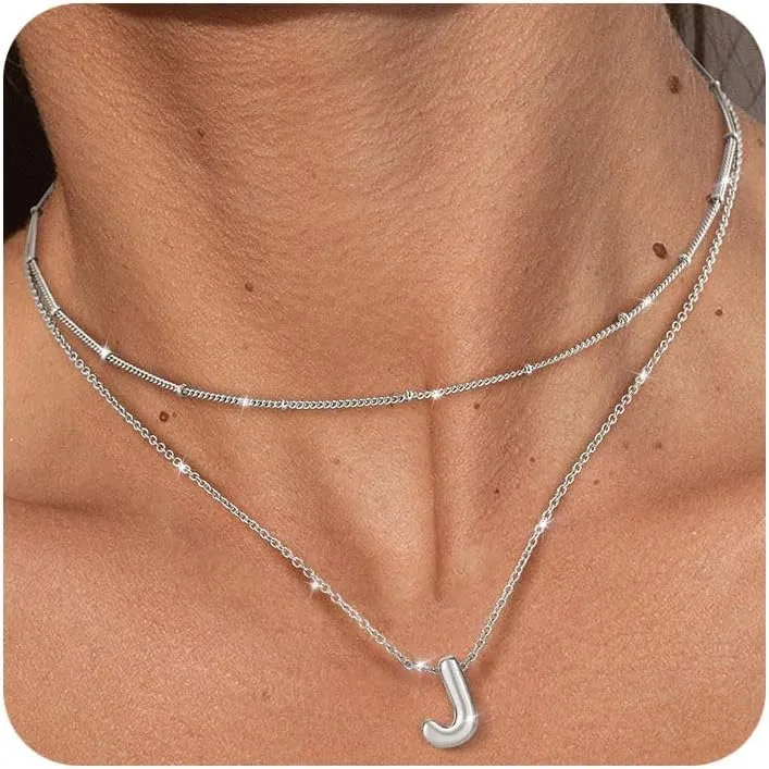 OOOPEL Bubble Initial Necklaces for Women Layered A-Z Alphabet Pendant Necklace 14K Gold Plated Balloon Letter Necklace Dainty Jewelry Gift