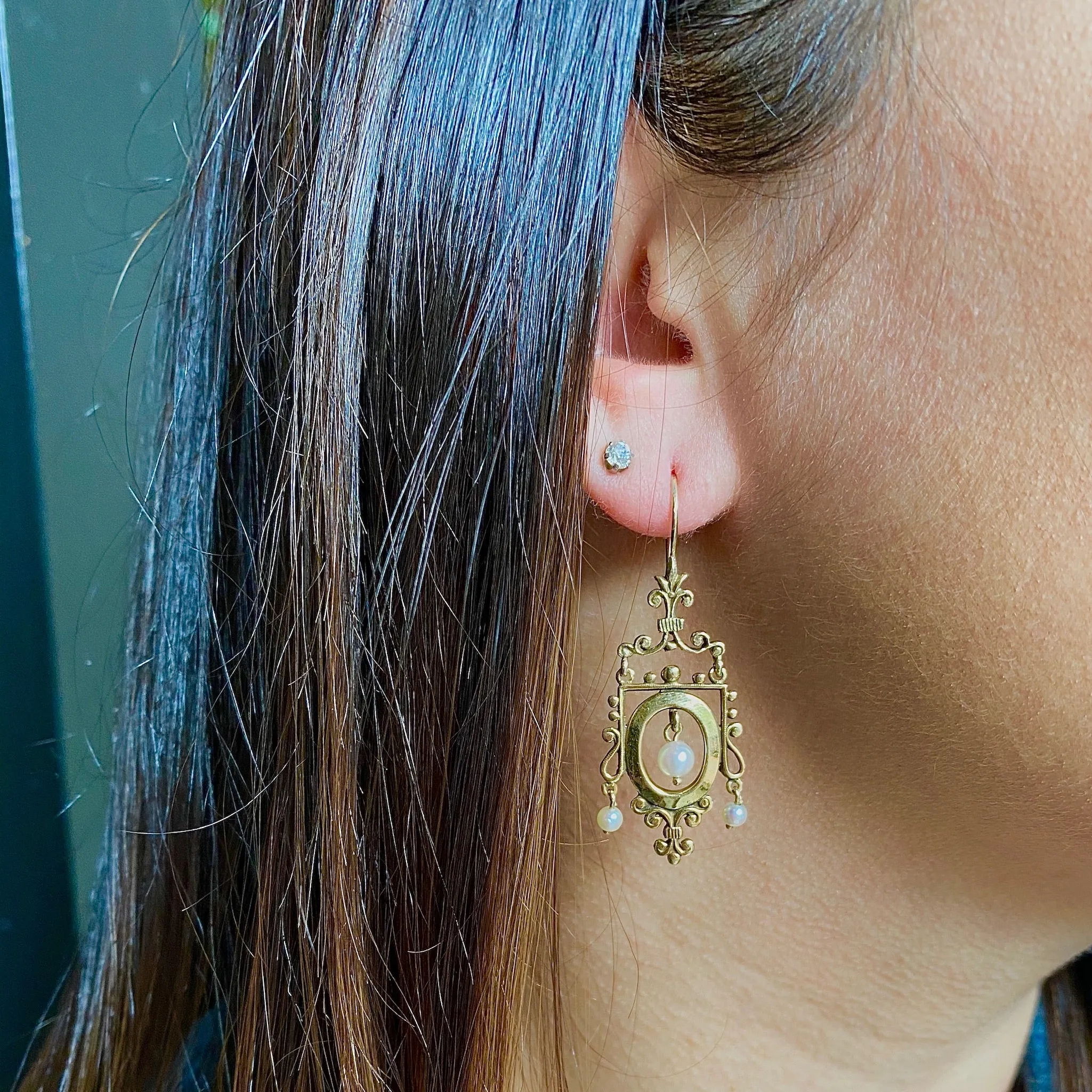 Ornate Victorian Revival Gold & Pearl Earrings
