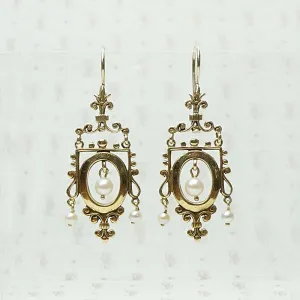 Ornate Victorian Revival Gold & Pearl Earrings