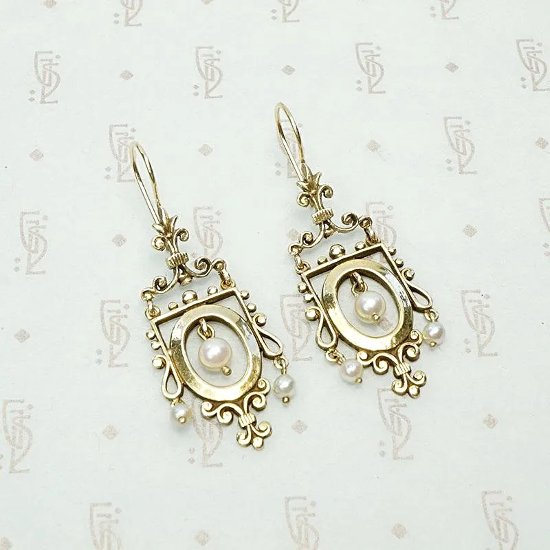 Ornate Victorian Revival Gold & Pearl Earrings