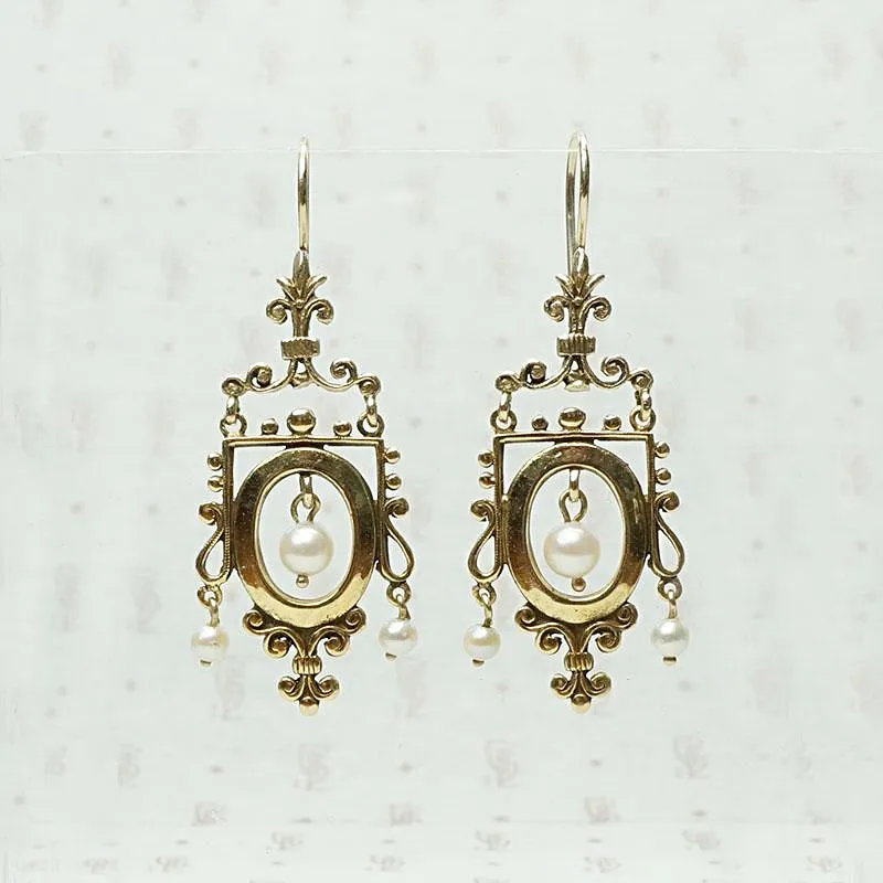 Ornate Victorian Revival Gold & Pearl Earrings